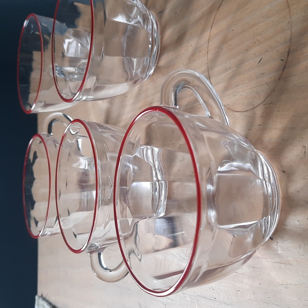 Vintage Duralex Picardie set of 5 red-rimmed punch-bowl/espresso glasses